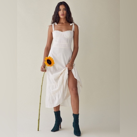 NWT REFORMATION NOA DRESS beige midi shoulder tie dress *sold out on site* - Picture 2 of 8